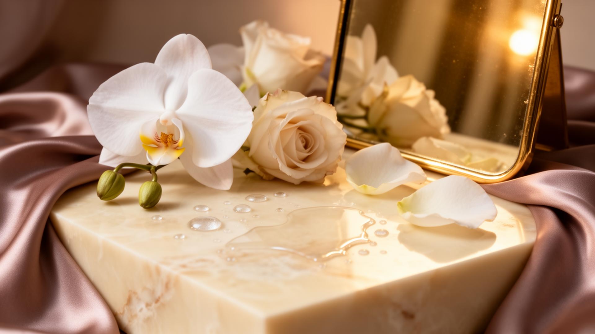 Elegant beauty still life with orchid, rose petals, and golden mirror